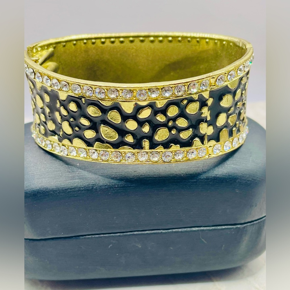 Elegant Gold & Black Enamel Wide Cuff Clamper Bracelet w/clear Crystals. 7 inch